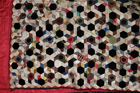 An early Victorian fabric patchwork quilt, dated 1841, 220cm x 250cm